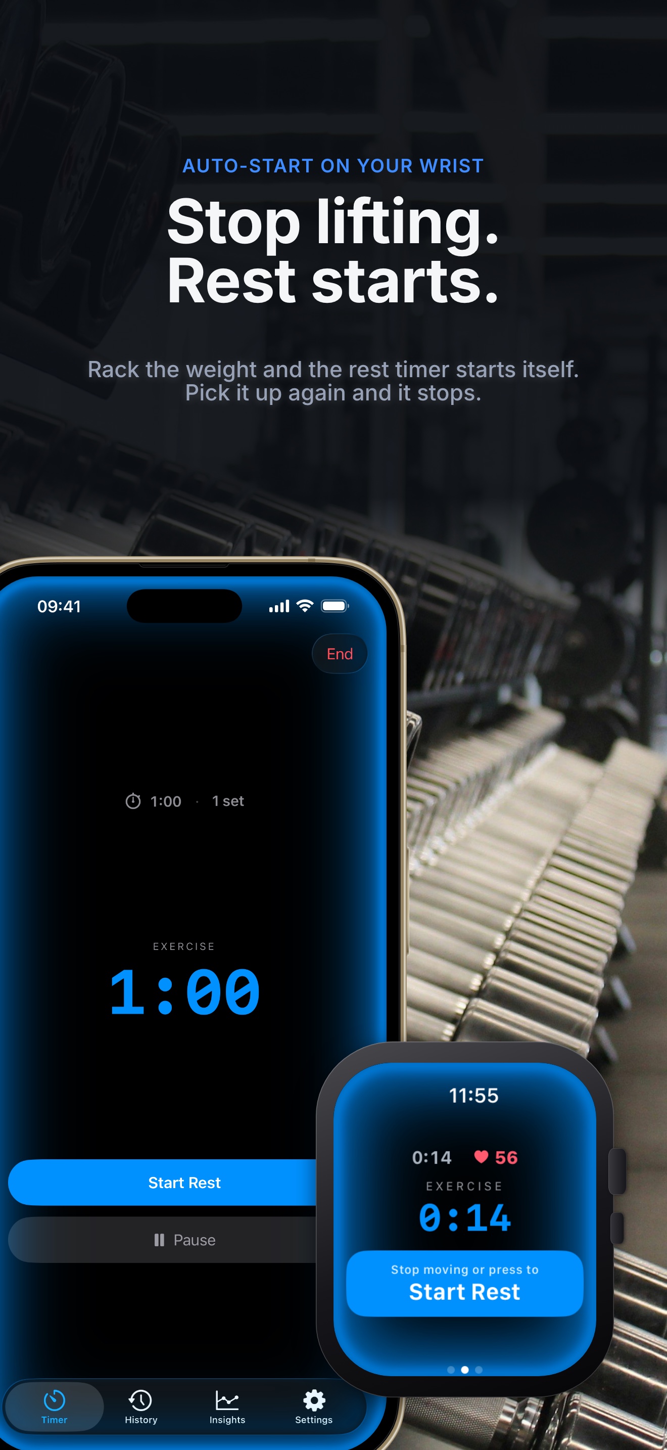 Stop lifting, rest starts — rack the weight and the rest timer starts itself