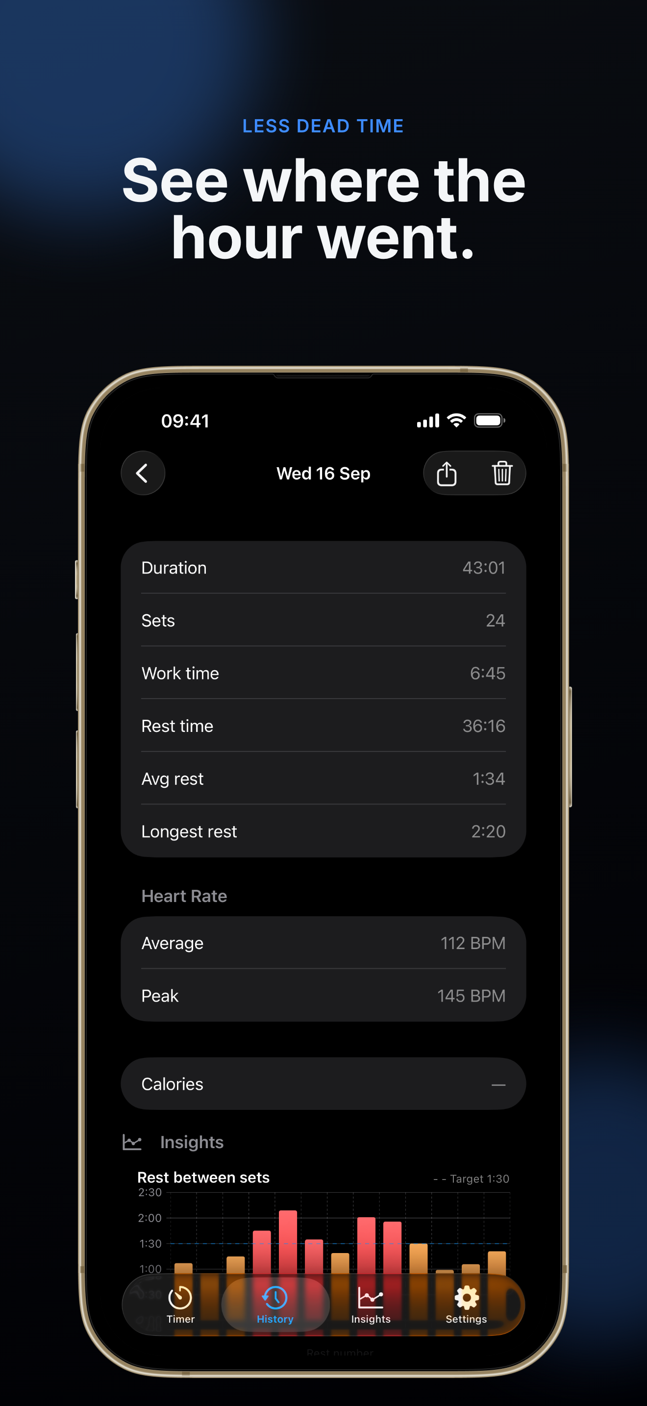 See where the hour went — a session broken down by duration, sets, work time and rest time
