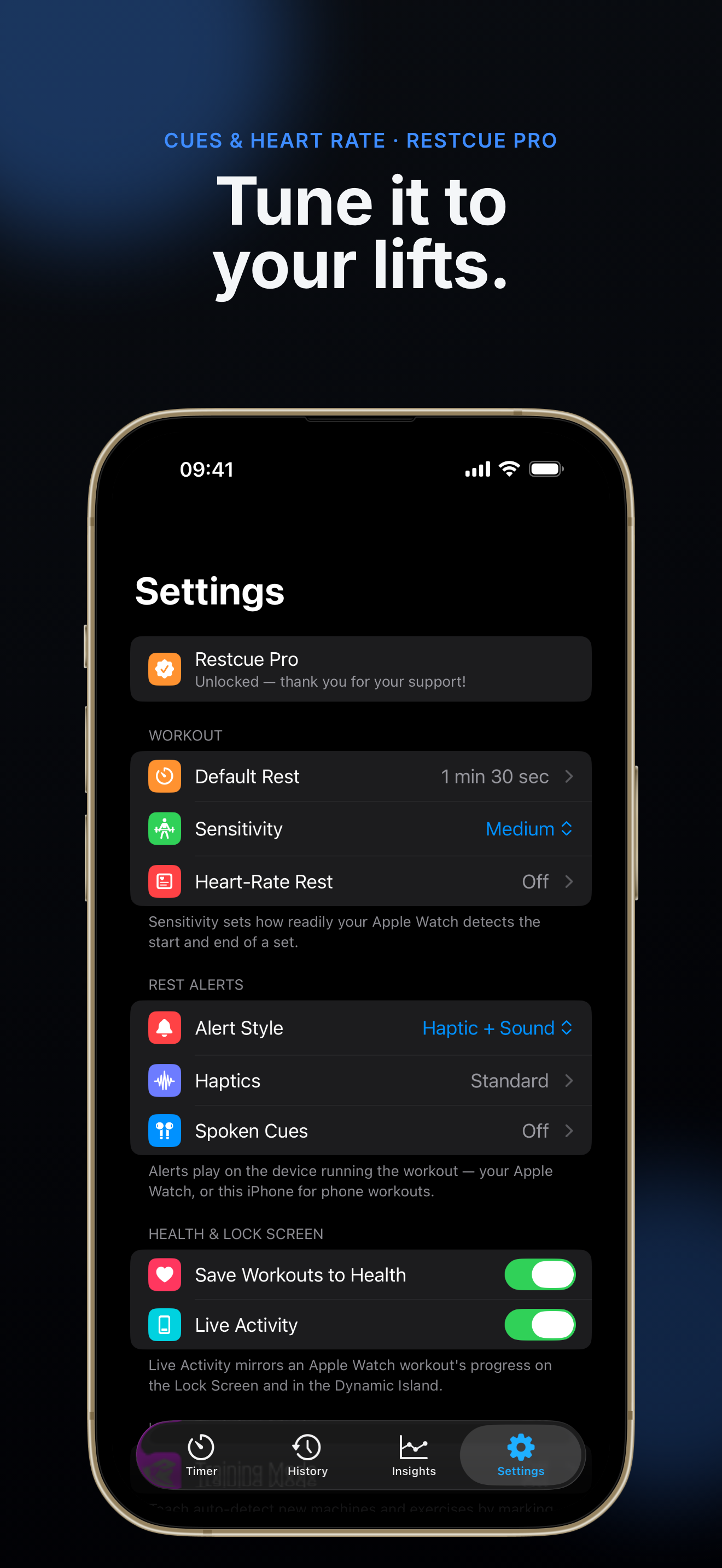 Tune it to your lifts — Restcue's settings for rest, sensitivity, alerts and Health
