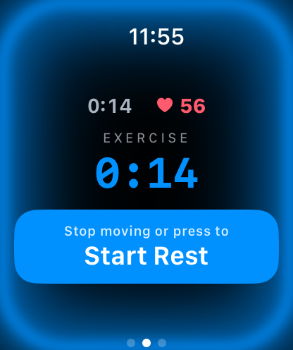 Apple Watch showing a set in progress with a blue glow and live heart rate