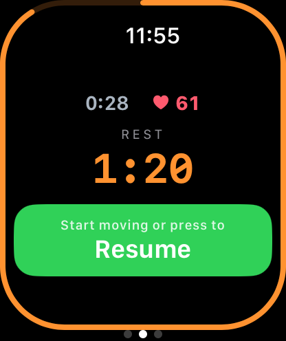 Apple Watch showing a rest countdown that resumes when you start moving